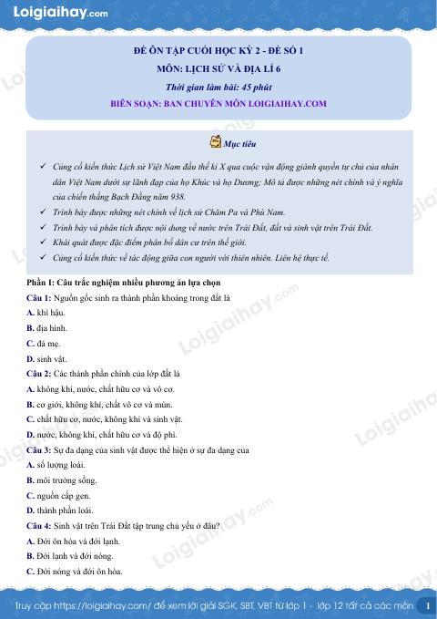 Đề thi học kì 2 Lịch sử và địa lí 6 KNTT - Đề số 1